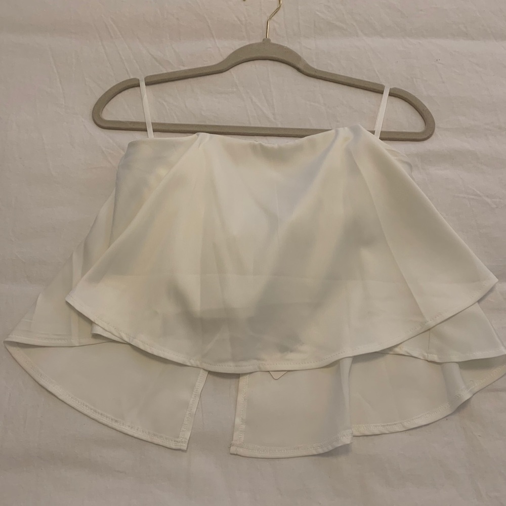 Strapless flutter top, white, new with tags